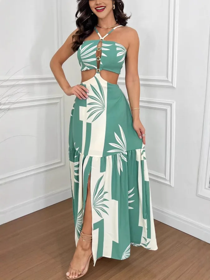 New Fashion Summer Casual Tropical Print Backless Maxi Dresses Sexy Hollow Halter Elegant Lady Vacation Female Long Sundress 2
