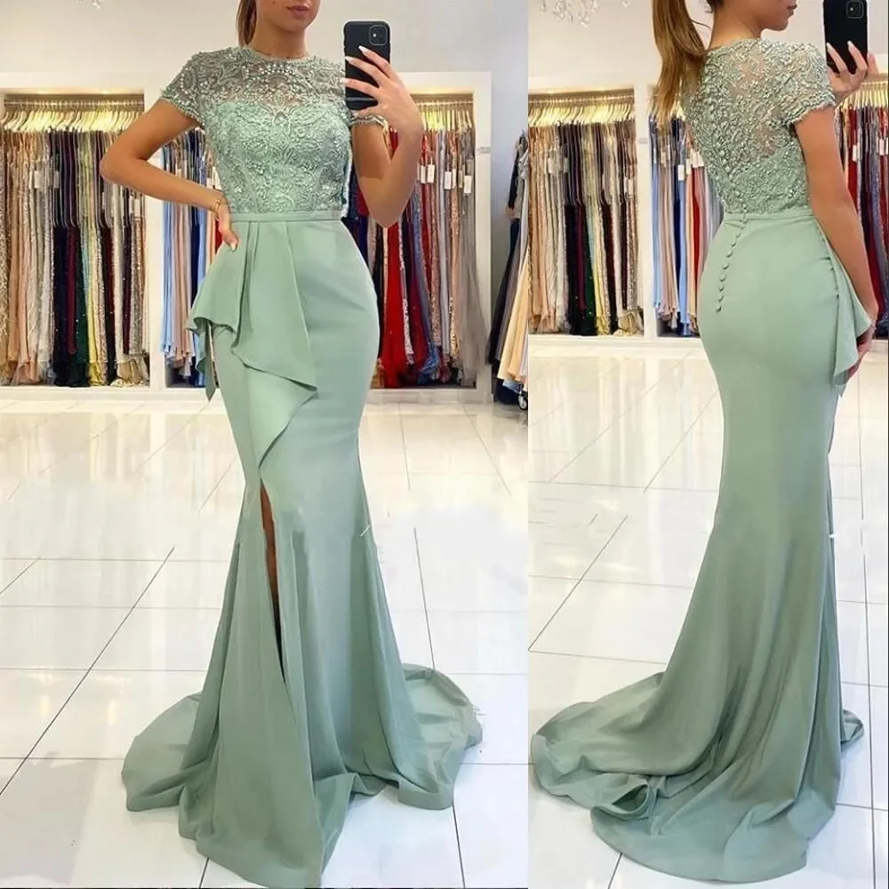 

Green Evening Dresses Short Sleeves Peplum Lace Applique Mermaid Chiffon Side Slit Sweep Train Chiffon Prom Party Gown vestido