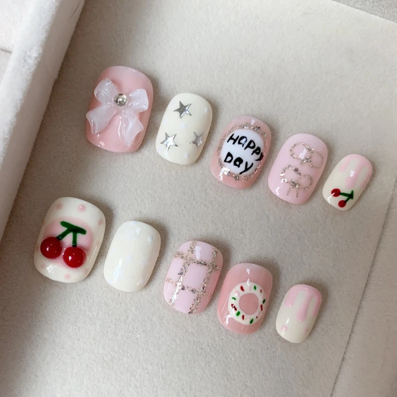

Handmade Cute Short Nails Macaron Pink Butterfly Cherry Design Press on Nails Full Cover Round Head Fake Nail