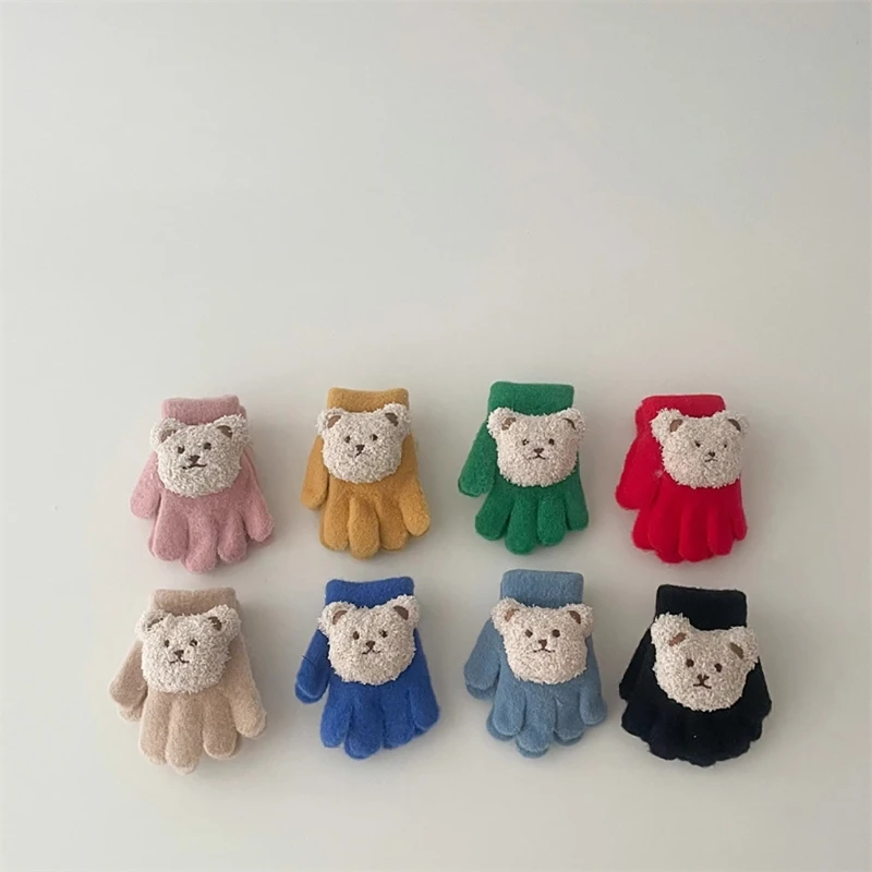 

Stylish Baby Gloves Split Finger Knitted Winter Gloves Bear Pattern Elastic Wrist Cuff Mittens for Outdoor Play School