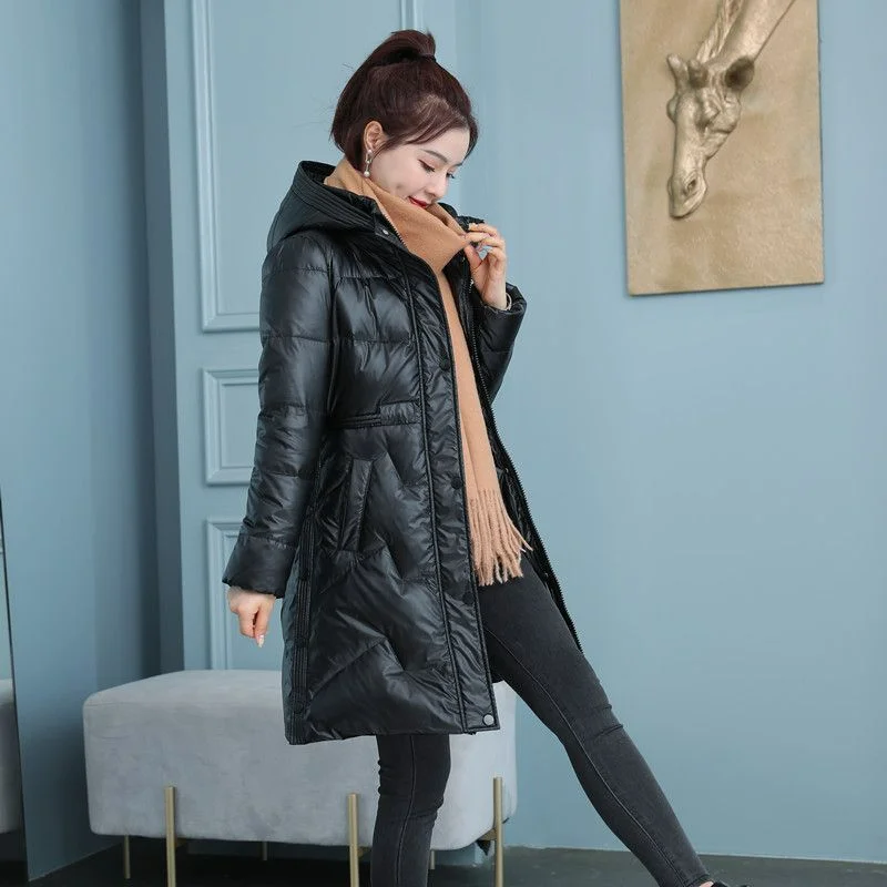 

Новинка 2023, пуховое хлопковое пальто, женское облегающее зимнее пальто средней длины с зауженной талией
