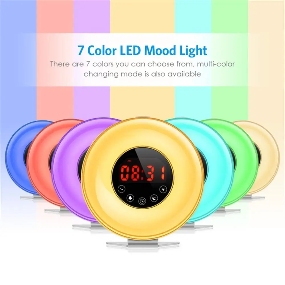 

7 Colors Mood Wake Up Light Alarm Clock With Sunrise/Sunset Simulation FM Radio 18 Warm White & RGB LEDs Natural Sounds Snooze