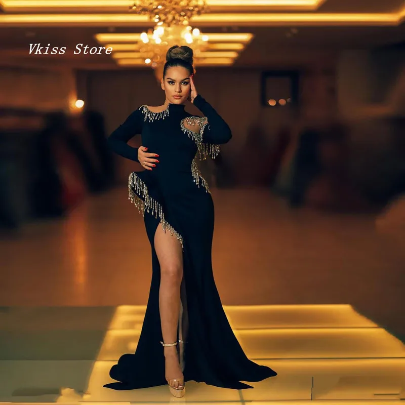 

Черные элегантные платья-русалки для выпускного вечера с длинным рукавом и бахромой с высоким разрезом женские вечерние платья для вечеринки стандартного изготовления