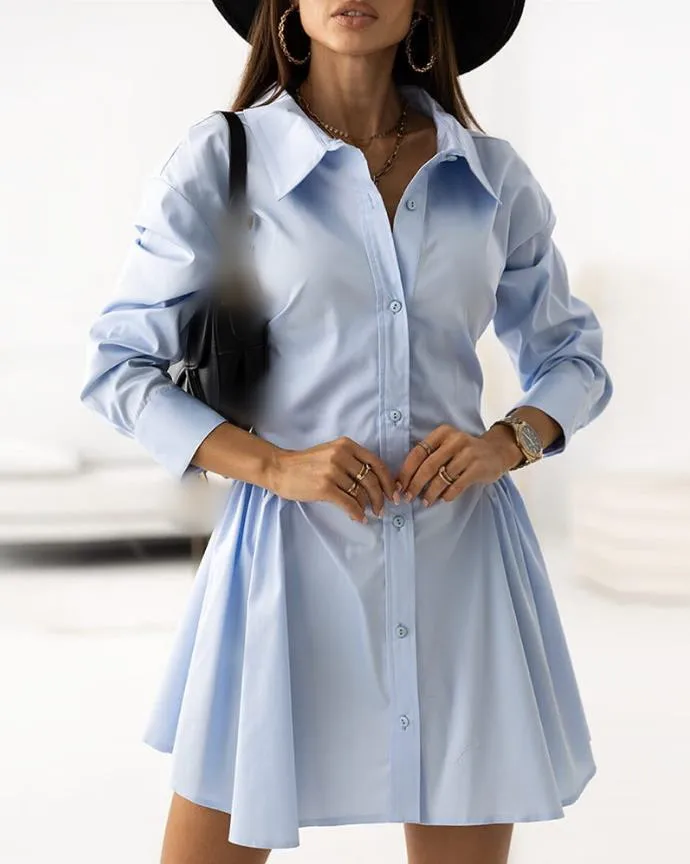 

2023 Summer New Casual Women's Dress Fashion Commuting Elegant Long Sleeve Button Front Ruched Shirt Dress OTTD
