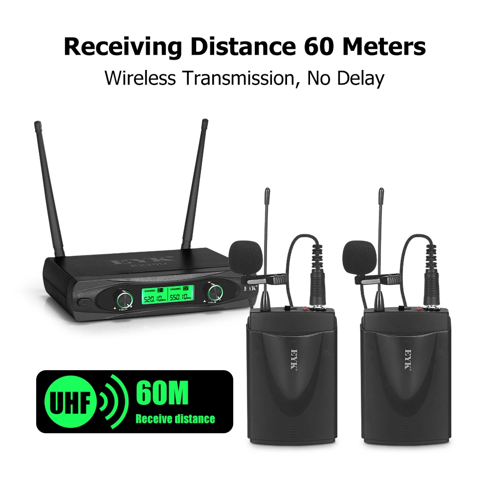 Eyk E220u Uhf Duplo Canais sem Fio Microfone Bodypack Transmissor com Fone de Ouvido e Lapela de Lavalier Mic para Discurso da Igreja - Image 5