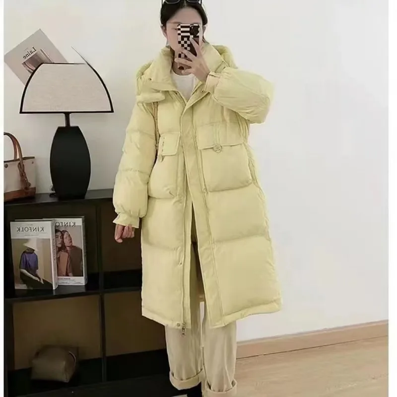 2023 New Women Down Jacket Winter Coat Female Mid Length Version Parkas Loose Warm Thick Outwear Hooded Solid Color Overcoat
