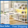L Shaped Computer Desk, 58'' Office Desk with 3 Drawers and Bookshelf, L Shaped Corner Desk with Storage Shelves and LED Light 1