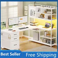 L Shaped Computer Desk, 58'' Office Desk with 3 Drawers and Bookshelf, L Shaped Corner Desk with Storage Shelves and LED Light 1