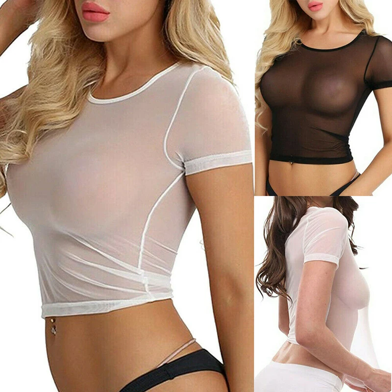 Sexy T Shirt See Through Mesh Black Tee Sheer Slim Short Sleeve Sheer Tank Crop Top Women Clothing Blouse Transparent Clubwear