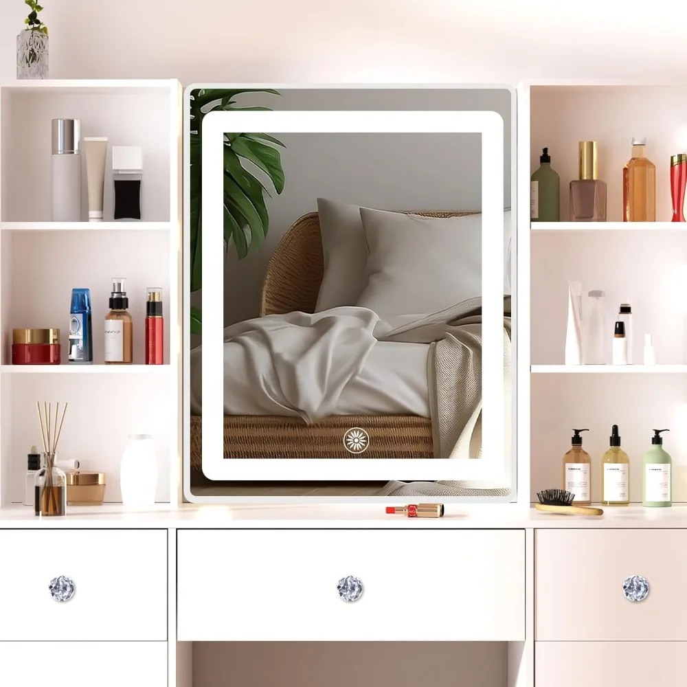 with LED Lightning Mirror and Storage, 3 Color Lighting Modes, Dressing Table Vanity Set with 3 Drawers 2 Cabinets 4 Organizers 5