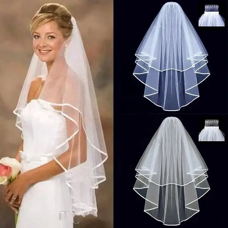 

Wedding Simple Tulle White Color Two Layers Bridal Veil Ribbon Edge Cheap Bride Accessories Women Veil with Comb 2025