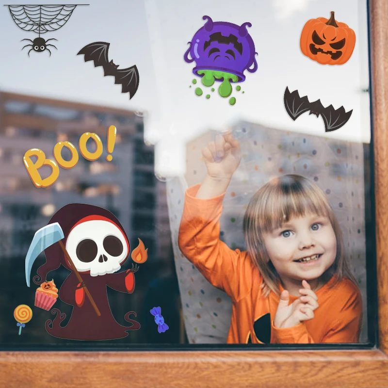 9PCS Halloween Window Stickers Ghost Pumpkin Witch Window Decor Sticker Haunted House Halloween Party Decor Bar Home Wall Decal