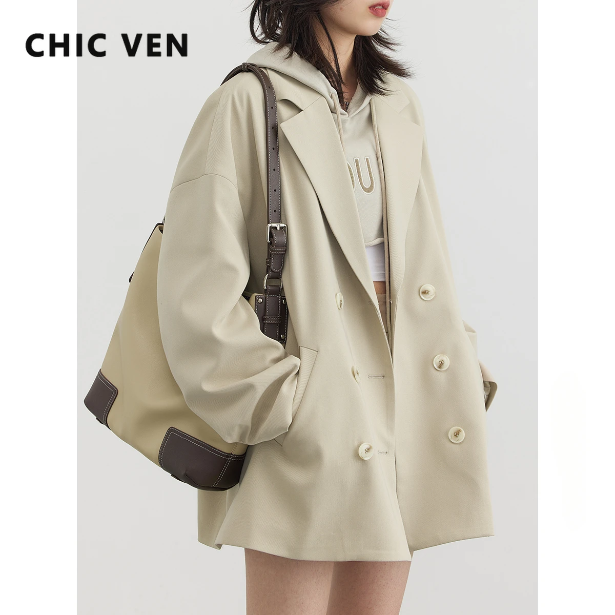 

CHIC VEN Women's Blazers New Loose Solid Suit Coat Double Breasted Casual Mid Length Office Lady Jacket Spring Autumn 2023