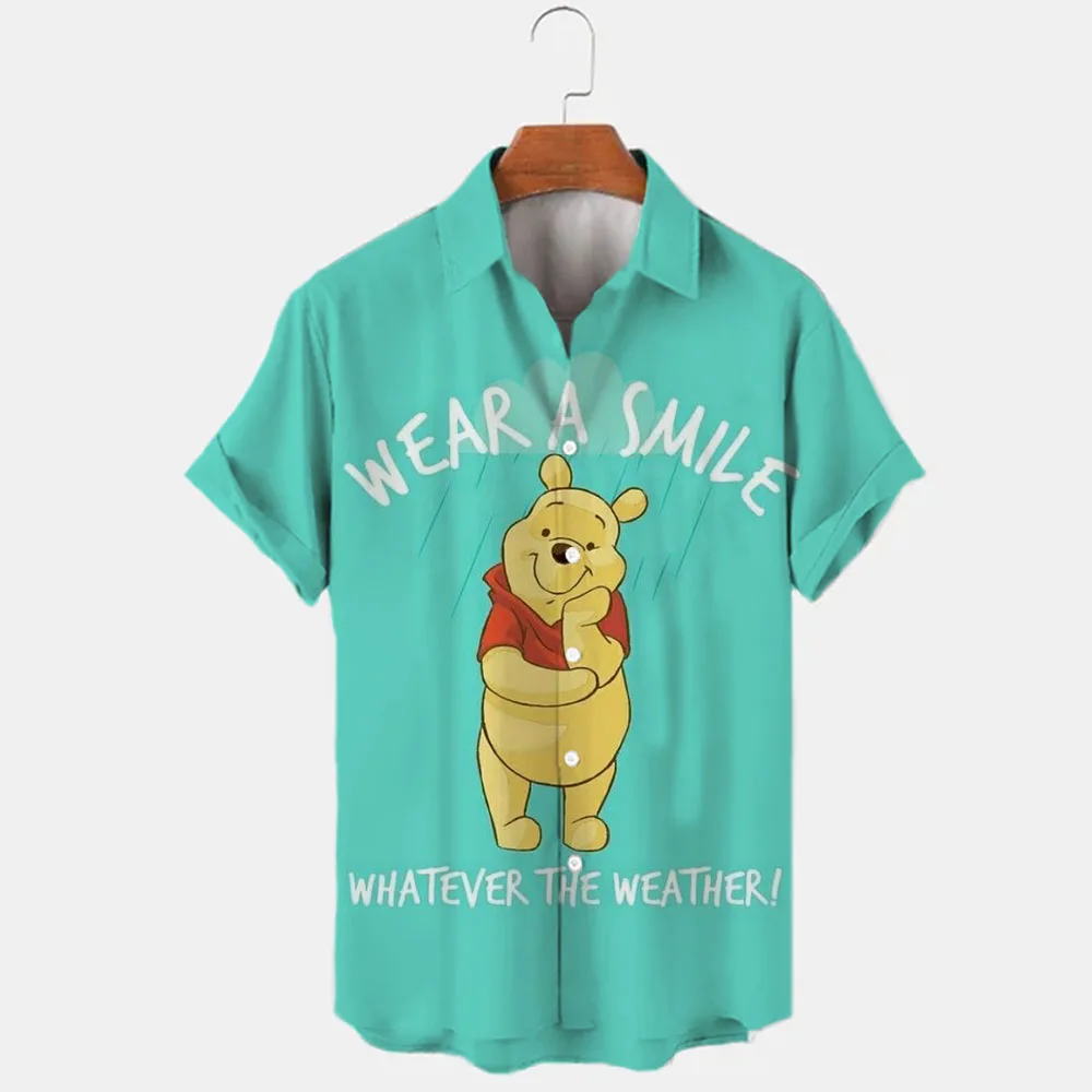 Summer New Disney Winnie the Pooh Stitch and Mickey Brand Cartoon Casual 3D Printed Short Sleeve Lapel Shirt Slim Fit Men's Top