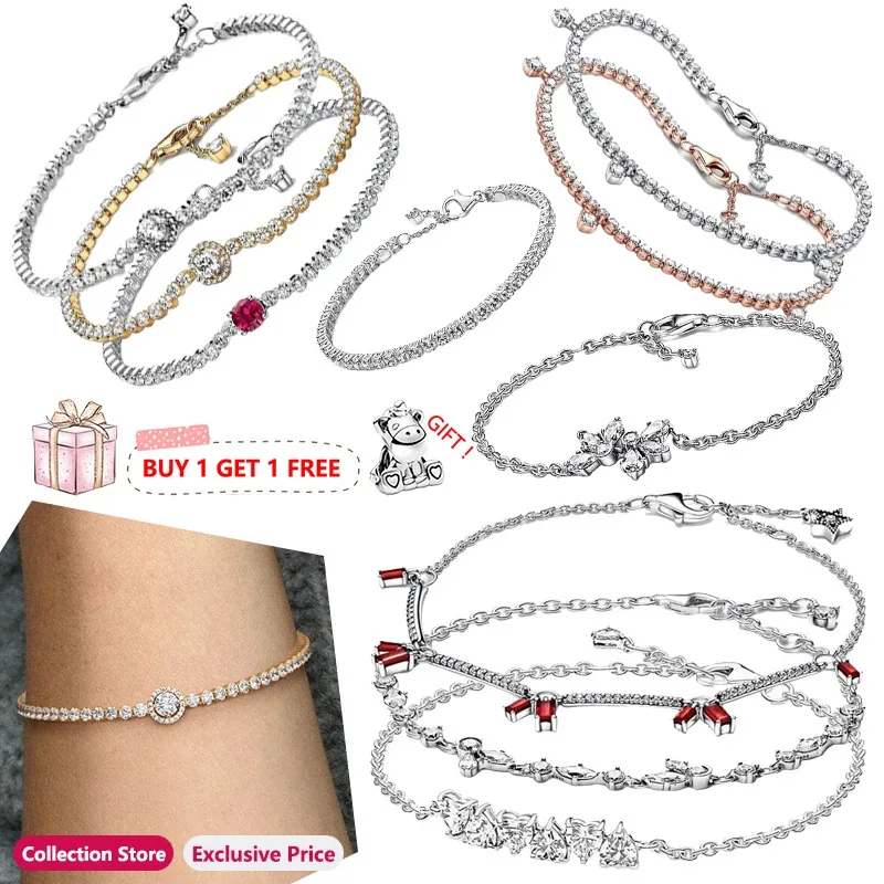 Authentic S925 Silver Sparkling and Red Tennis Original Women's Love Logo Flower Bracelet Wedding DIY Fashionable Charm Jewelry authentic s925 silver sparkling and red tennis original women s love logo flower bracelet wedding diy fashionable charm jewelry