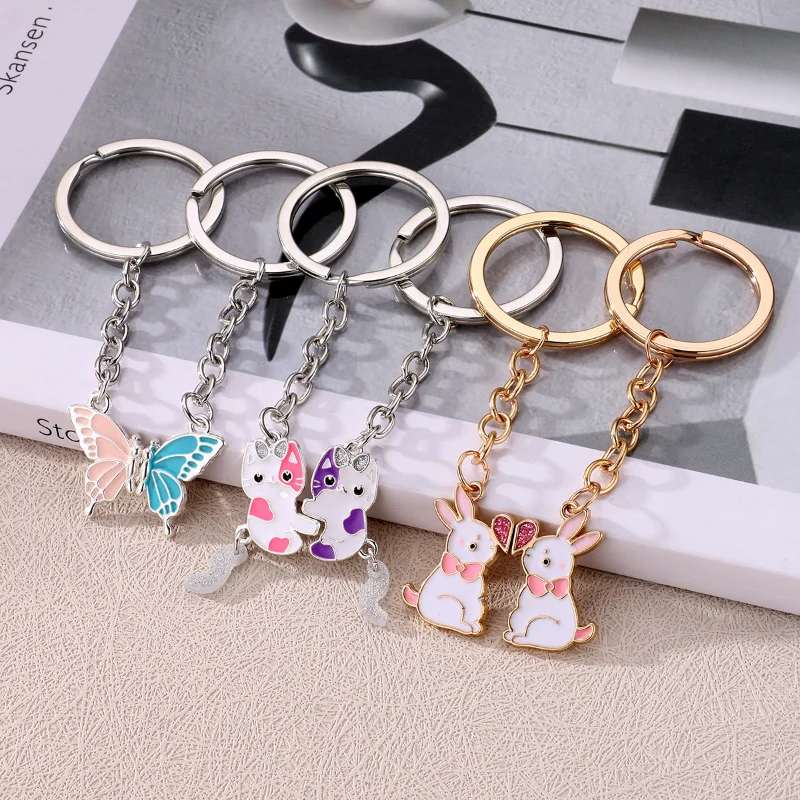 Lovecryst 2 Pz/Set Cartoon Alloy Cat Rabbit Cuciture Magnetiche Best Friend Portachiavi Per Ragazze Bff Friendship Jewelry Gift