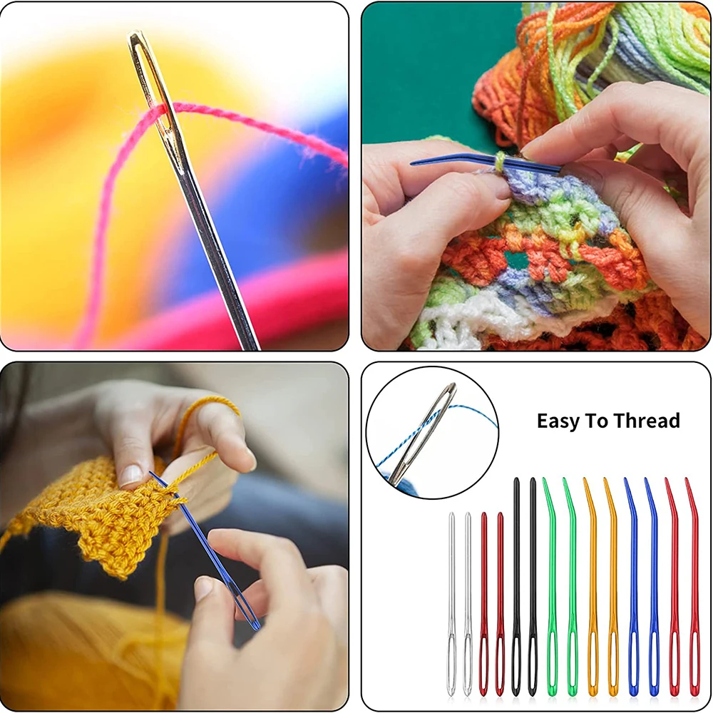20pcs Ensemble D'Aiguilles à Fil, Aiguilles à Coudre à La Main à Gros Chas En Acier Aiguille à Tapisserie Courbée Aiguilles à Laine à Boucle Avec Étui En Bois Pour Broderie Tricot