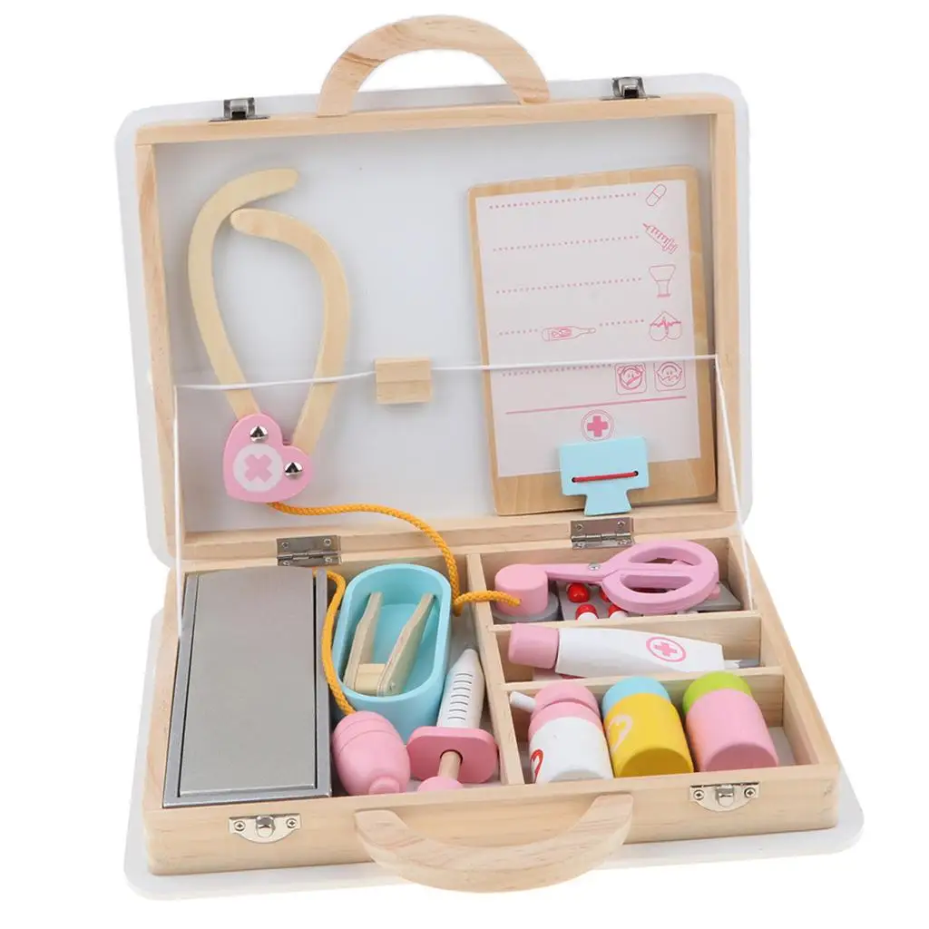 Wooden Doctor Nurse Tool Carry Case Role Playing Set Kids Creative Toy Developmental Play Center