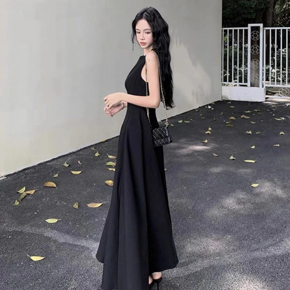 U Neck Sleeveless Long Dress Sleeveless Vest Temperament Solid Color Long Skirt Long A-line Women Korean Dress Spring Autumn