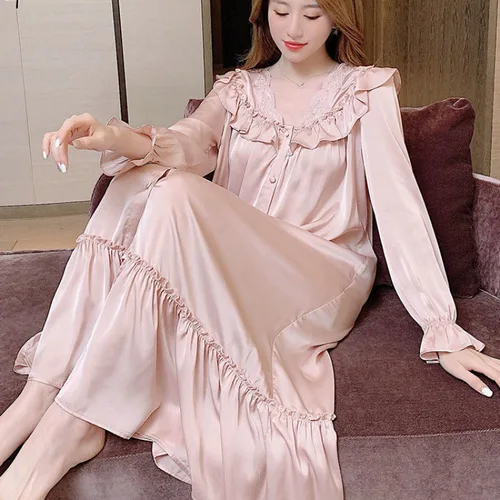 플러스 사이즈 3XL 여성 나이트 가운 프렌치 프릴 코트 스타일 나이트 드레스 잠옷 긴 소매 레이온 긴 잠옷, 섹시한 홈웨어 4