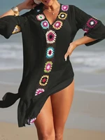 Fashion Style Hand Crochet Flower Block Beachwear Cover Up Beach Holiday Casual See-Through Dress Breathable Sunscreen Smock - Image 4