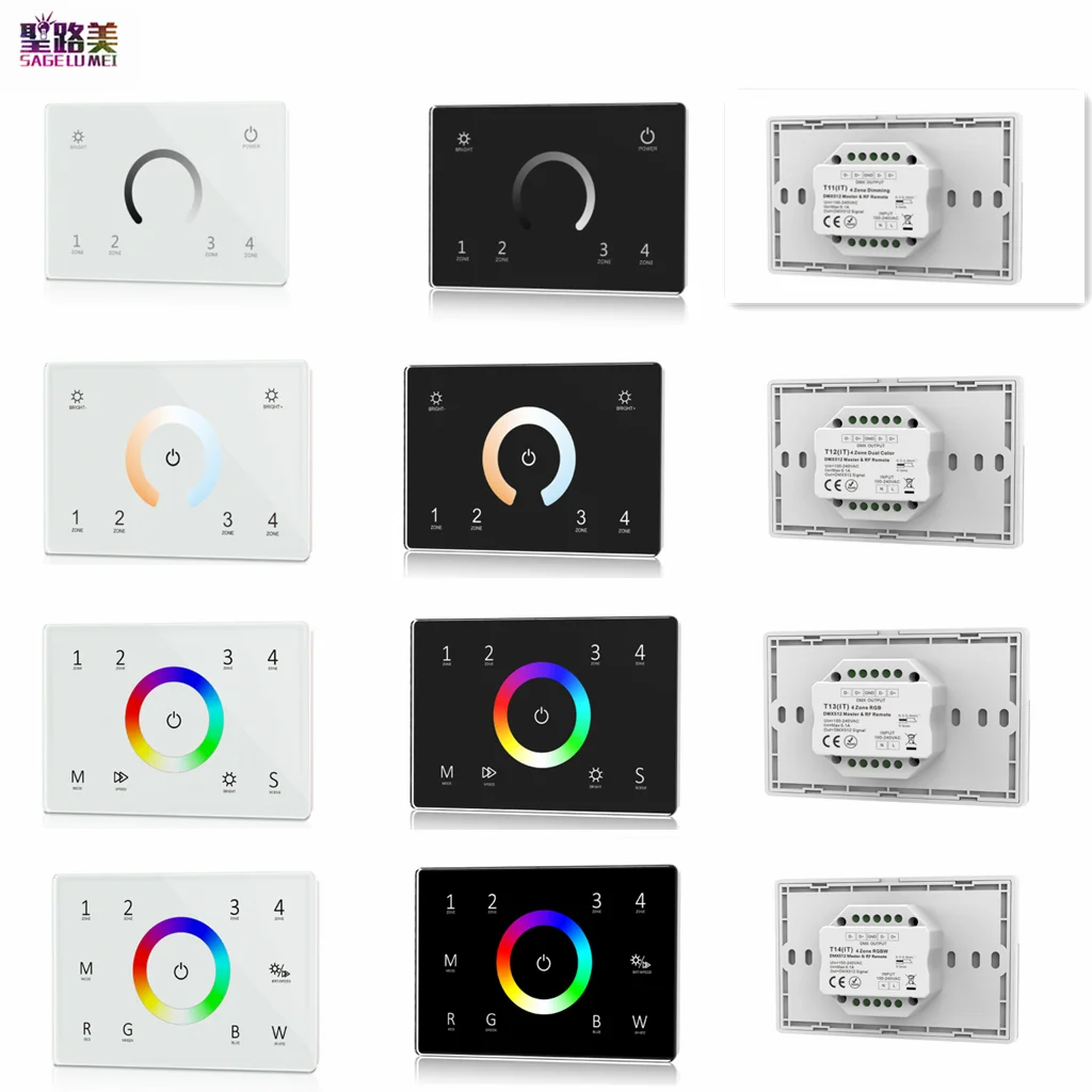 110-240VAC Input T11(IT) 4 Zones Dimming Glass Touch Panel DMX Master T12 CCT / T13 RGB / T14 RGBW DMX512 2.4G RF AC Controller 4 zones 2 4g rf wall mounted glass panel remote controller 100v 240vac input 5ch 5 in 1 dmx512 master dimmer for led light lamp