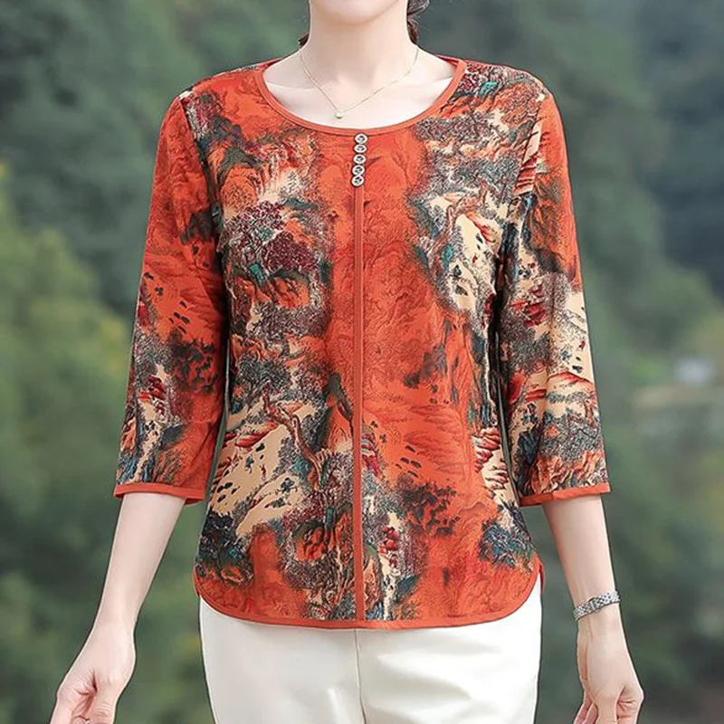 

Summer Clothes for Women Simplicity Loose T-Shirt Round Neck Vintage Printing Three Quarter Sleeve Patchwork Button Tops