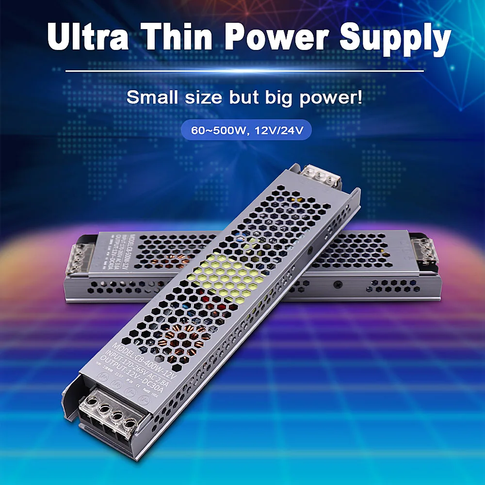 12V 24V Super Thin แหล่งจ่ายไฟ 60W 100W 200W 300W 400W 500W หม้อแปลงไฟฟ้า LED AC DC Converter สําหรับ LED Strip Light 1