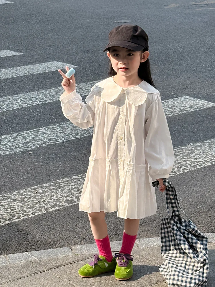 2025 Autumn New Girls Preppy Style Pleated Dress Solid Children Long Sleeve Dress Baby Girl Large Lapel Loose Dress Kids Clothes 4 2025 Autumn New Girls Preppy Style Pleated Dress Solid Children Long Sleeve Dress Baby Girl Large Lapel Loose Dress Kids Clothes - Image 4