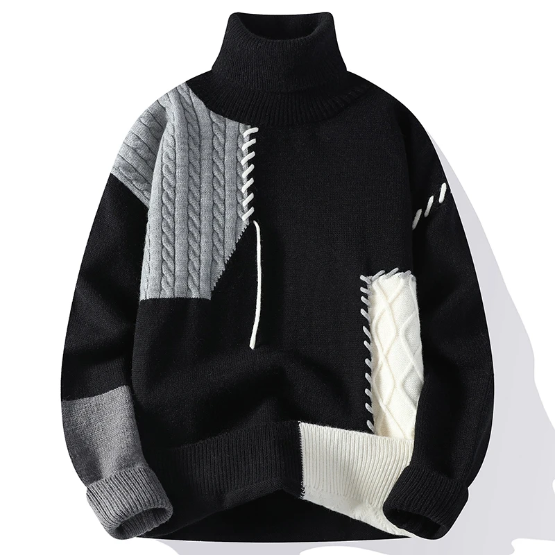 

New Winter Korean Handsome Patchwork Turtleneck Sweater Men Clothing High End Mens Christmas Sweaters Thick Warm Pull Homme