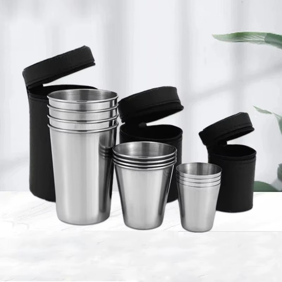  4pcs/Set Stainless Steel Cups Portable Cup Drinking Glasses With Storage Bag Outdoor Travel Party Camping Whiskey Cup 30/70/170m