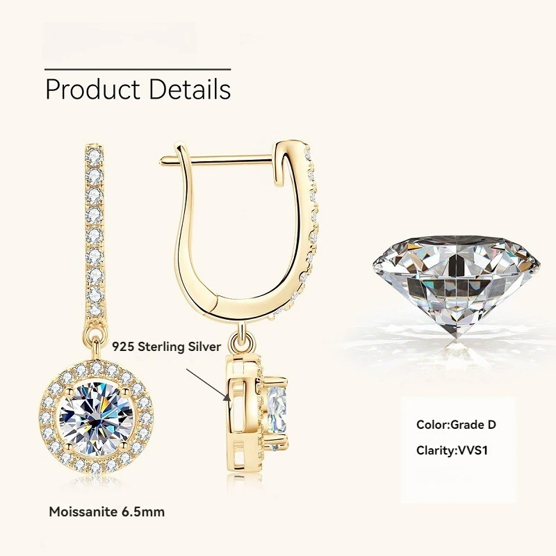 Apaison Gold Plated Moissanite Drop Earrings For Women 100% 925 Sterling Silver Earrings Bridal Fine Jewelry Gifts Wholesale