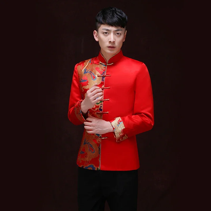 Tang Suit Red Traditional Chinese Clothing Men Hanfu Embroidery Top Dragon Print Vintage Satin Kungfu New Year Party Etiquette for Men Chinese Style Shirt