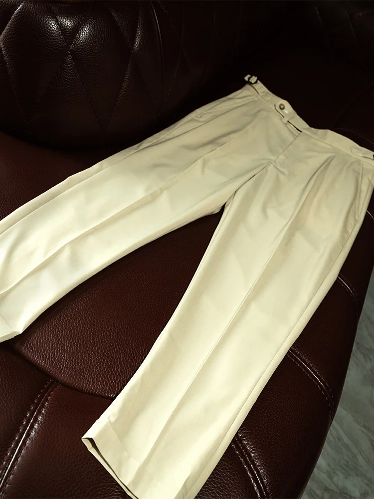 Machine washable worsted wool drape and wrinkle resistant casual pants for men,Paris buckle single pleated micro tapered version