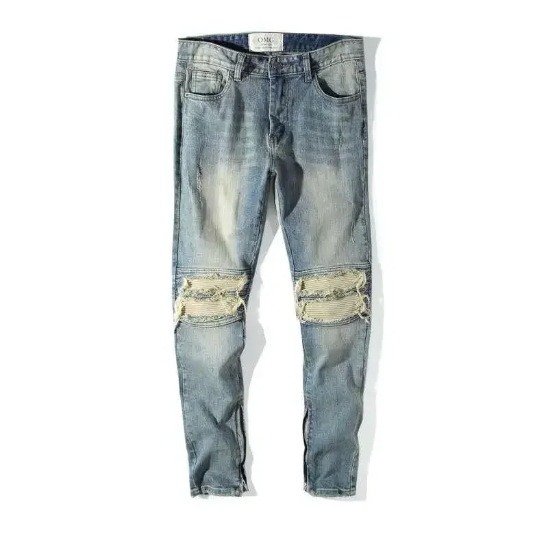 Men's Jeans Ripped with Holes Broken Trousers Man Cowboy Pants Torn Tapered Pockets Light Blue Summer Denim Trend Luxury Xs