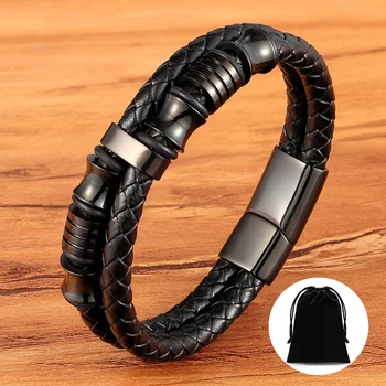 Double Layers Stainless Steel Magnetic Clasp Men Bangle Genuine Leather Bracelet