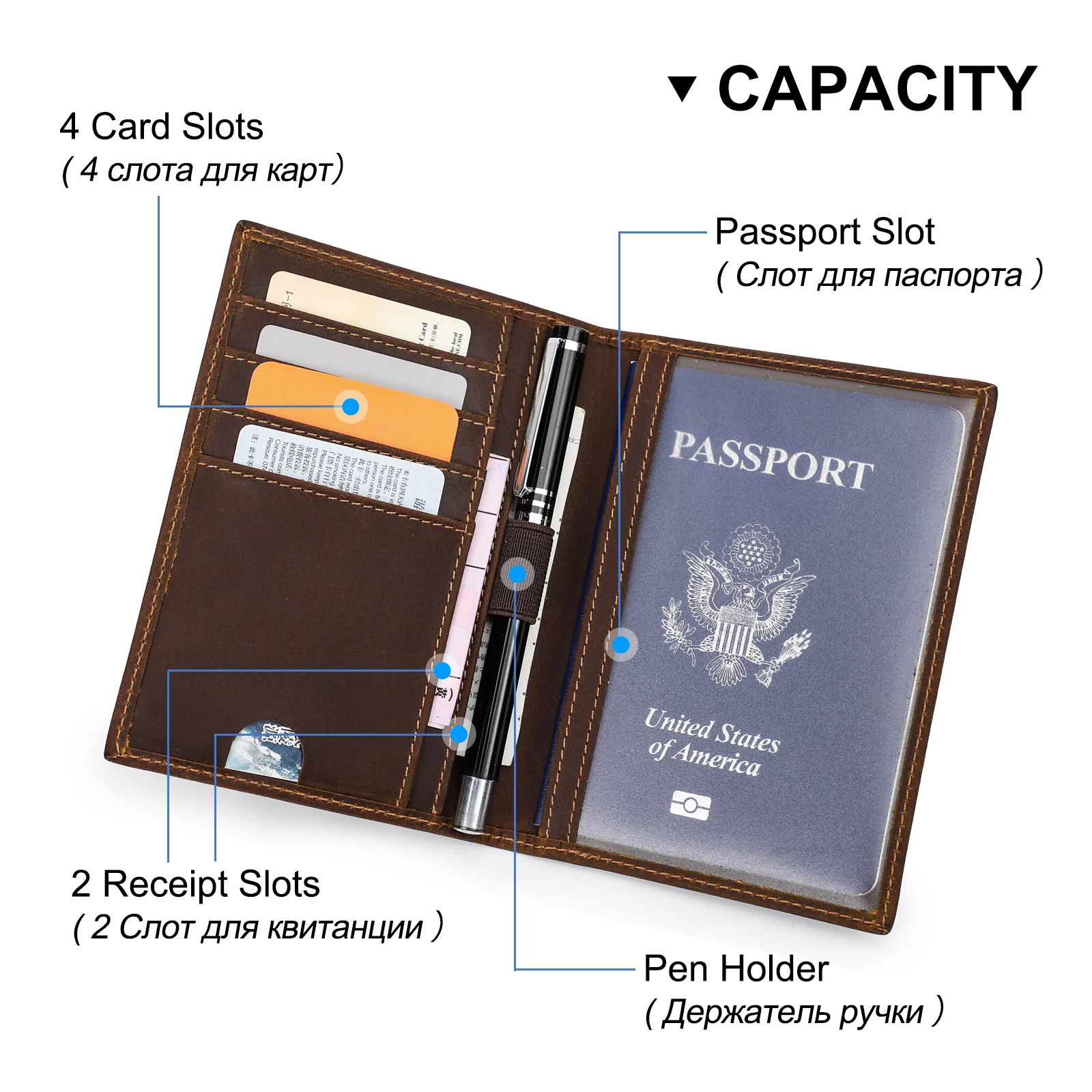 Portafogli per passaporto da uomo in vera pelle Porta carte Porta passaporto Slot per penna Custodia per passaporto Nome inciso Portafoglio da viaggio maschile Borsa da uomo - immagine 5
