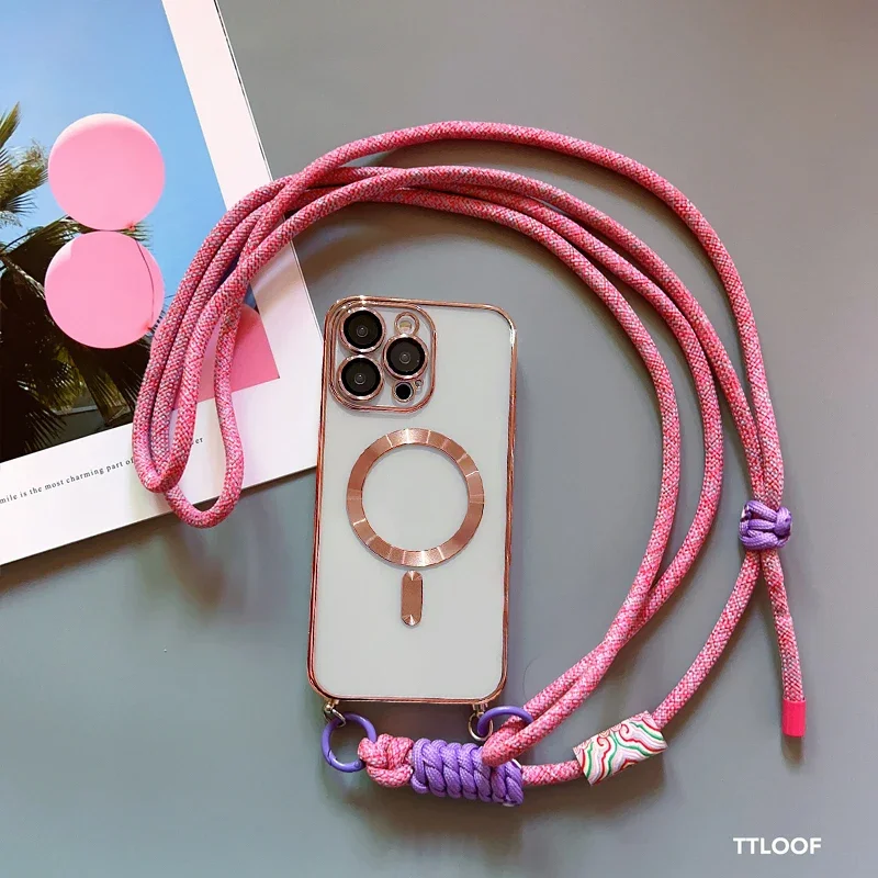 Crossbody Adjustable Lanyard Magnetic Phone Case with Plating Finish and Soft Cover