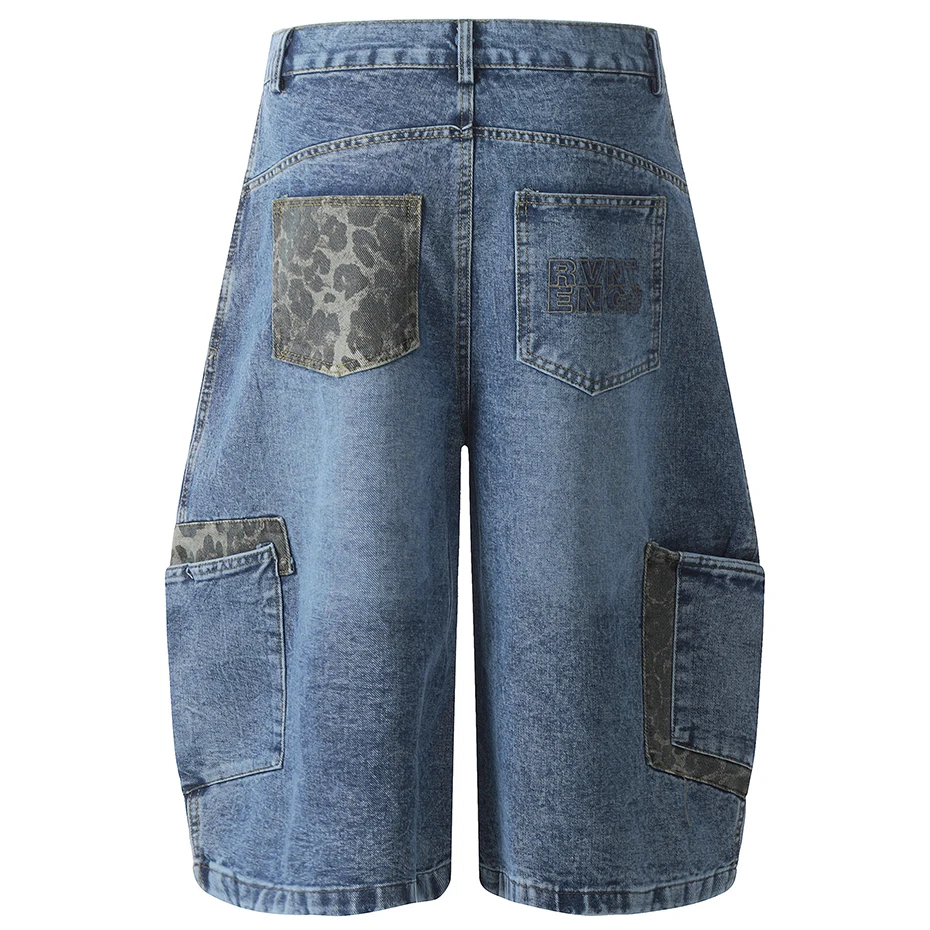 Vintage Baggy Denim Shorts Leopard Patchwork Loose Blue Jeans Shorts Men Summer Streetwear Harajuku Hip Hop Cargo