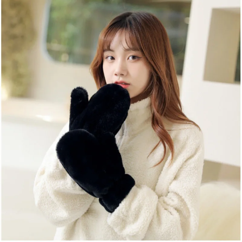 2024 Women Cute Lovely Sweety Soft Solid Plush Fluffy Winter Keep Warm Gloves Cold Protection Windproof Thickened Mittens