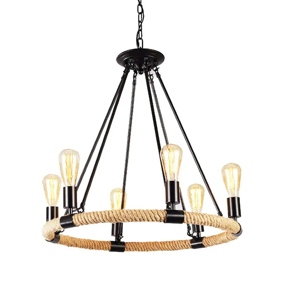 

Retro Industrial Hanging Lamp Vintage Rope Lamp Round Ring Pendant Light Hemp Rope Chandelier Rustic Ceiling Lamp