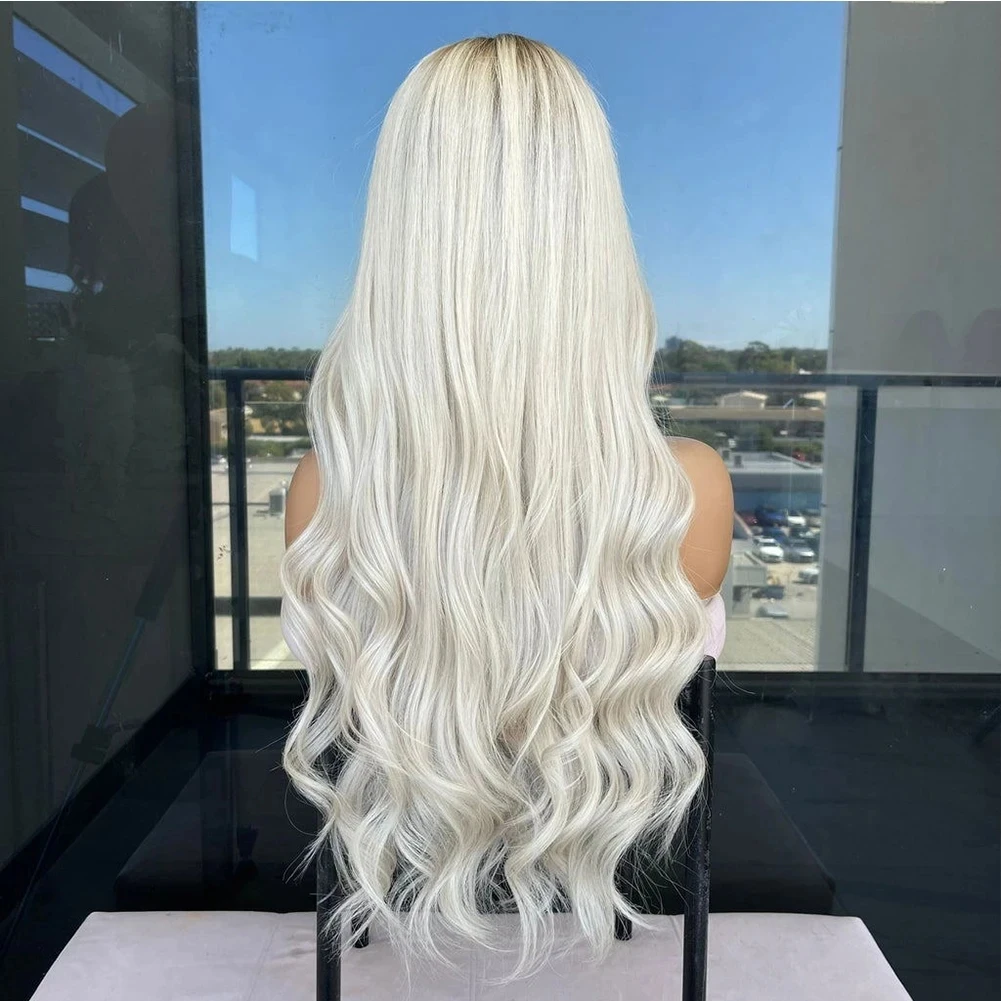 Ombre Icy Blonde Lace Front Wig for Women Synthetic Hair Wavy Glueless Pre Plucked Light Roots Lace Frontal Wig Fiber Cosplay