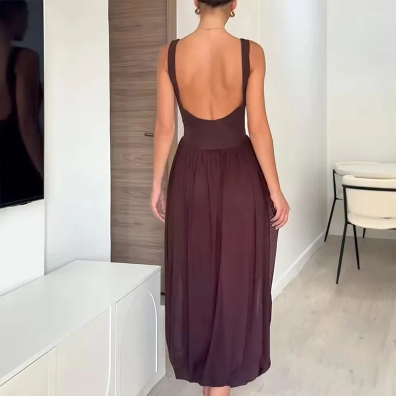 Elegant Tulle Splicing Cami Dress Women's Sleeveless Backless Long Dress 2025 Summer Fashion Beach Party Dresses
