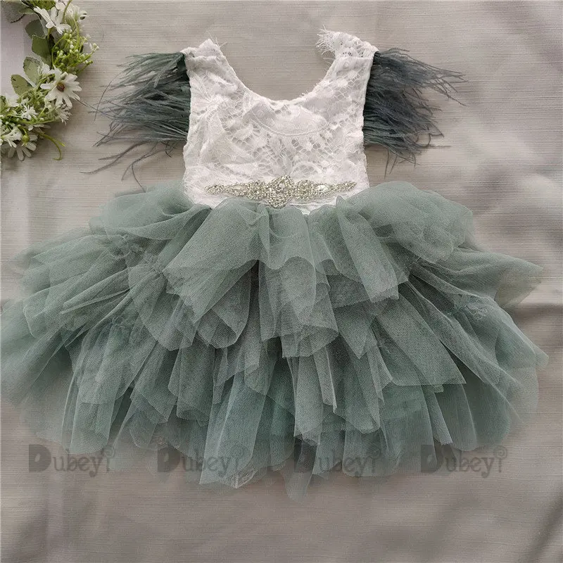 Princess Baby Feather Dress 1st Birthday Party Toddler Girls Lace Flying Sleeve Summer Dress Kids Tutu Clothing with Sashes girls dress maxi dress princess costume