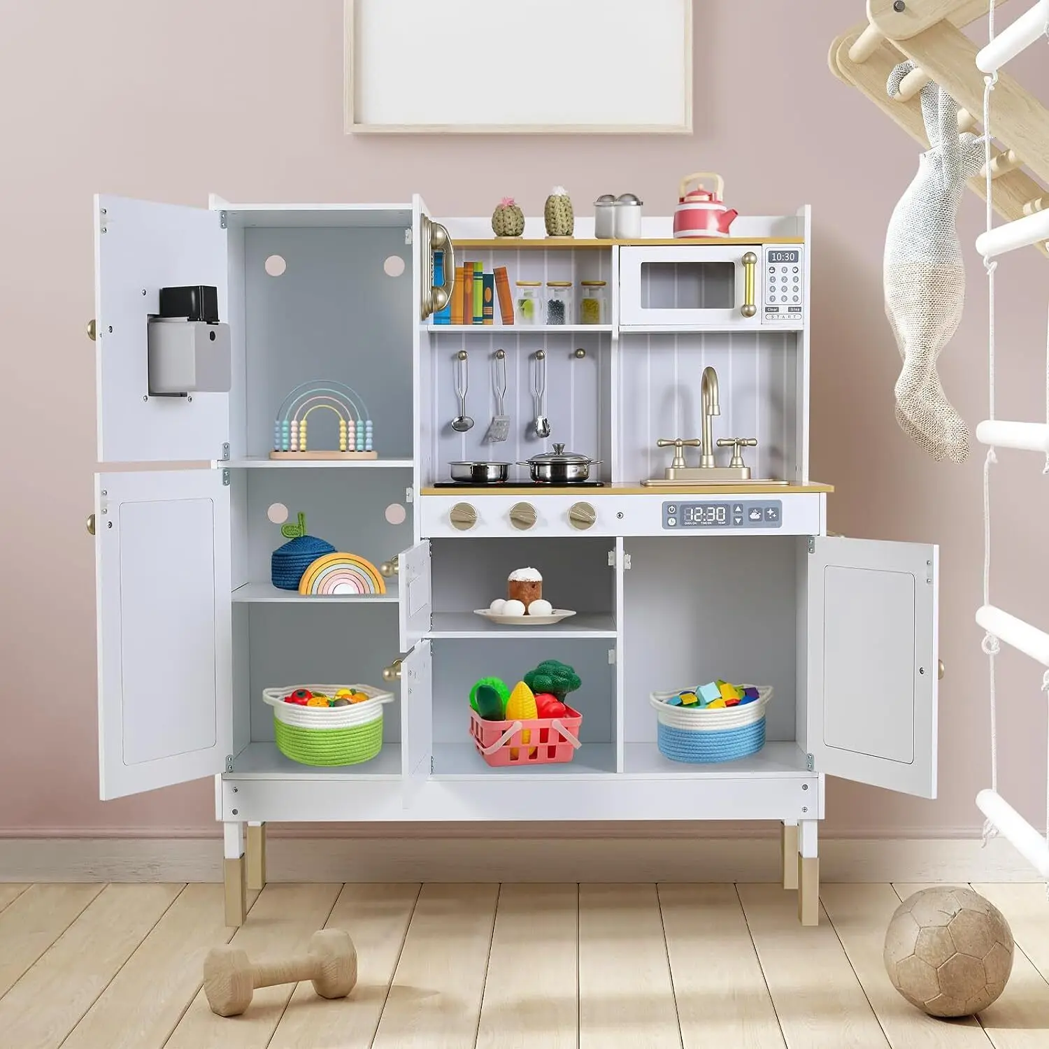 Kids Upright Wooden Kitchen Toy Playset with Stove, Oven, Sink, Fridge and Accessories, for Toddlers, Preschoolers, Children 6