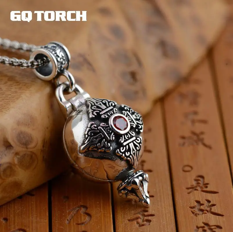 Real 925 Sterling Silver Buddha Pendant Openable Six Words Carving Inlaid Red Zircon Vintage Antique Style Buddhist Jewelry pendant necklace,silver pendant