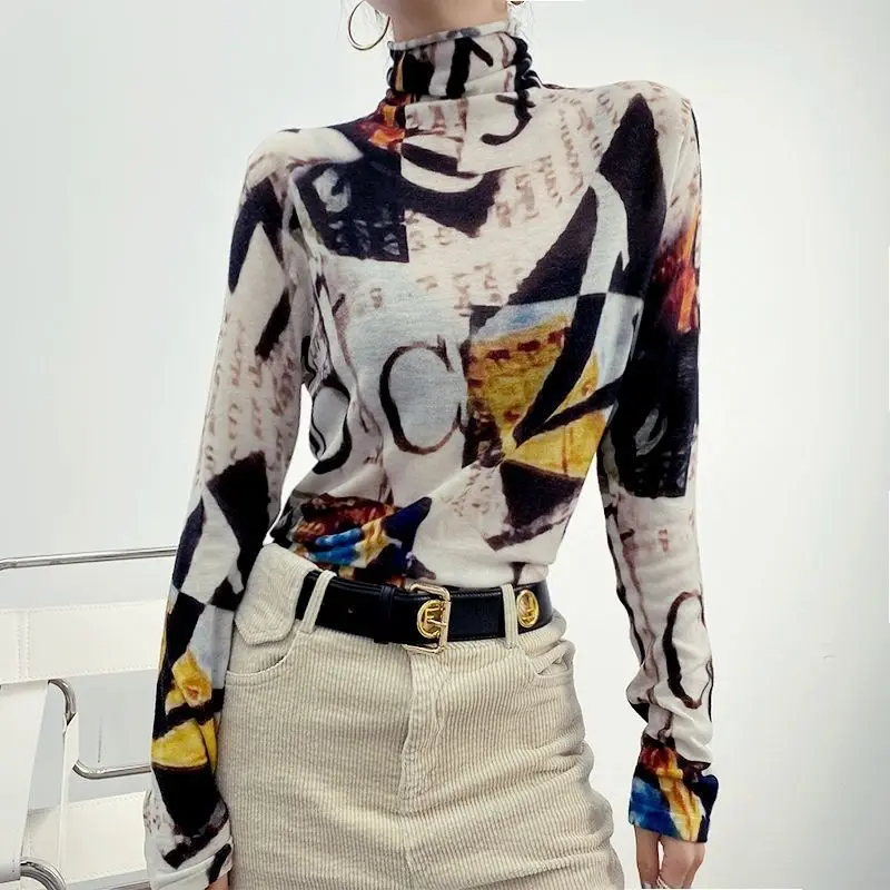 High Collared Spring Summer Bright Line Printing Cotton Top High Elasticity Soft Women T-Shirts Slim Versatile Trend Long Sleeve