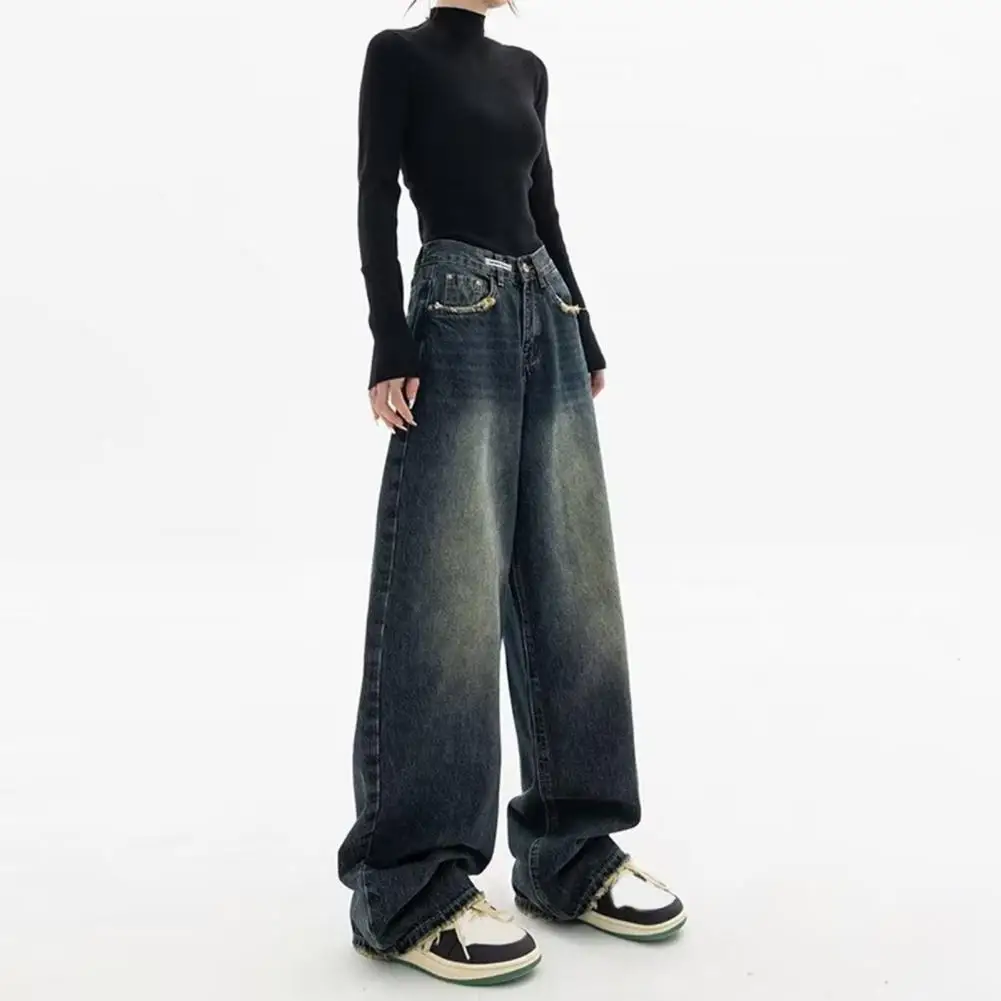 

Loose Leg Trousers Vintage High Waist Wide Leg Denim Jeans with Deep Crotch Pockets Women's Floor Length Loose Straight for Hip