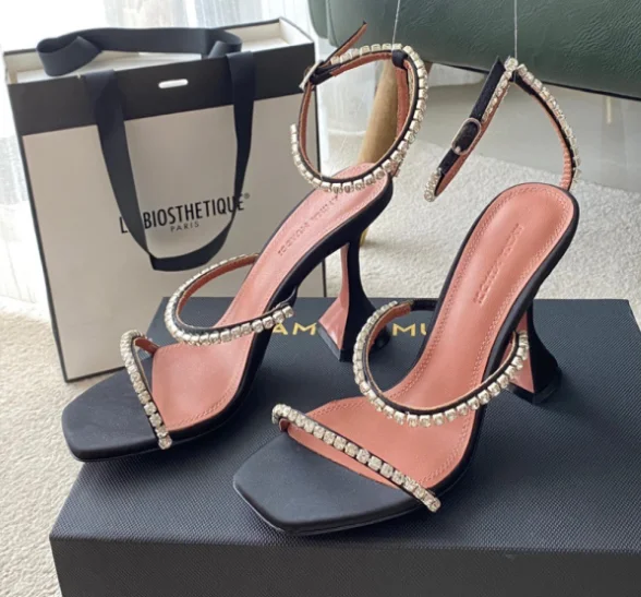 

Buy Black satin silk diamond rhinestone Slides Gilda Metallic Crystal square-toe fluted stiletto Heeled ankle strap Thong Sandal