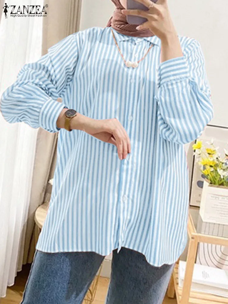 

Женская мусульманская модная блузка ZANZEA, летняя рубашка с длинным рукавом, повседневные топы, Турецкая абайя, мусульманская одежда, женские блузы с принтом в полоску